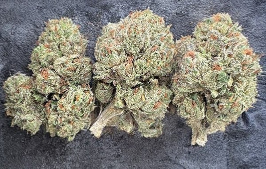 Three cannabis buds on a dark surface